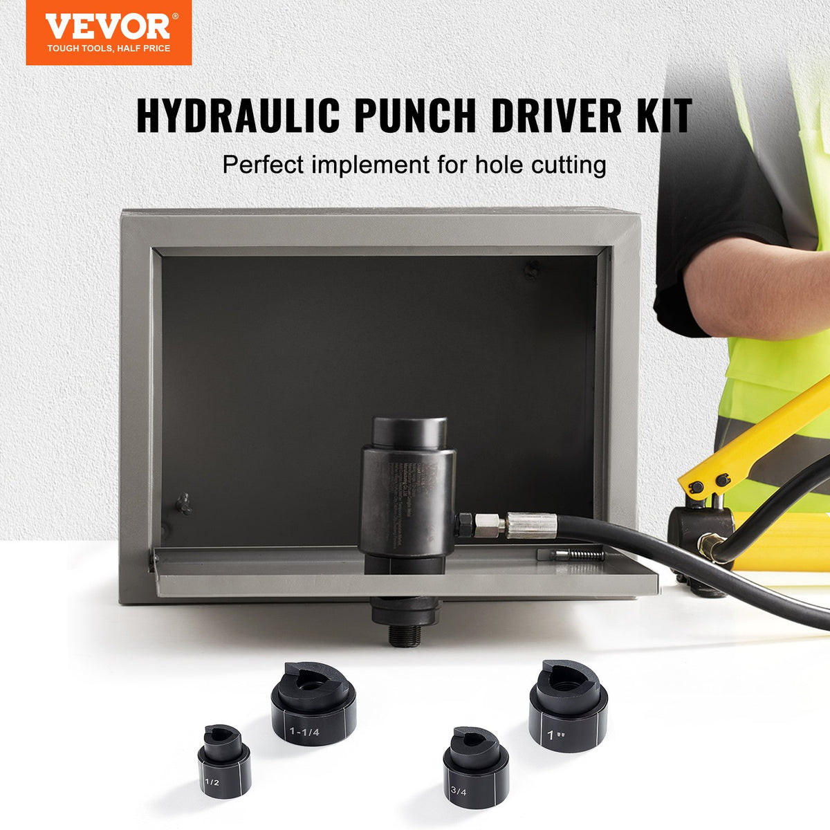 VEVOR Hydraulic Knockout Punch Kit, 4 Pieces 1/2", 3/4", 1", 1-1/4" Conduit Hole Cutter Set, Metal Sheet Driver Tools, KO Tool Kits For Aluminum, Brass, Stainless Steel, - SDDKQCTX140CR2SQBV0 - view 2