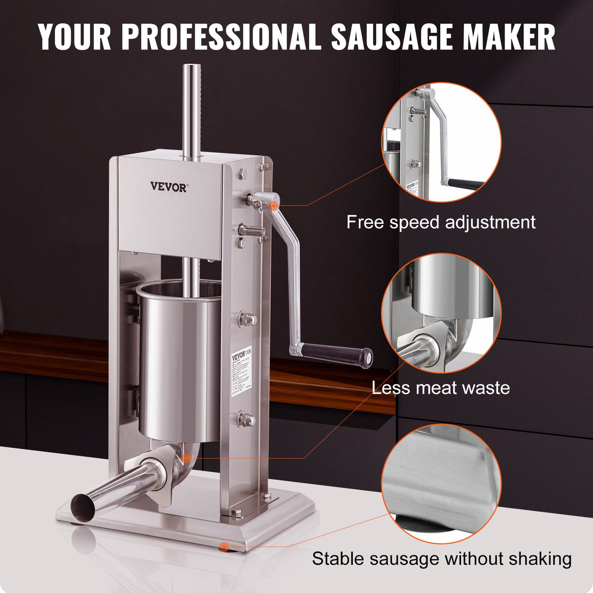 VEVOR Manual Sausage Stuffer, 5LBS/3L Capacity, Two Speed 304 Stainless Steel Vertical Sausage Stuffer, Sausage Filling Machine with 4 Stuffing Tubes, Suction Base for Household - SDLSBXGGCJ3L2X1I2V0 - view 3