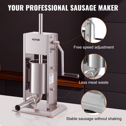 VEVOR Manual Sausage Stuffer, 5LBS/3L Capacity, Two Speed 304 Stainless Steel Vertical Sausage Stuffer, Sausage Filling Machine with 4 Stuffing Tubes, Suction Base for Household - SDLSBXGGCJ3L2X1I2V0 - view 3