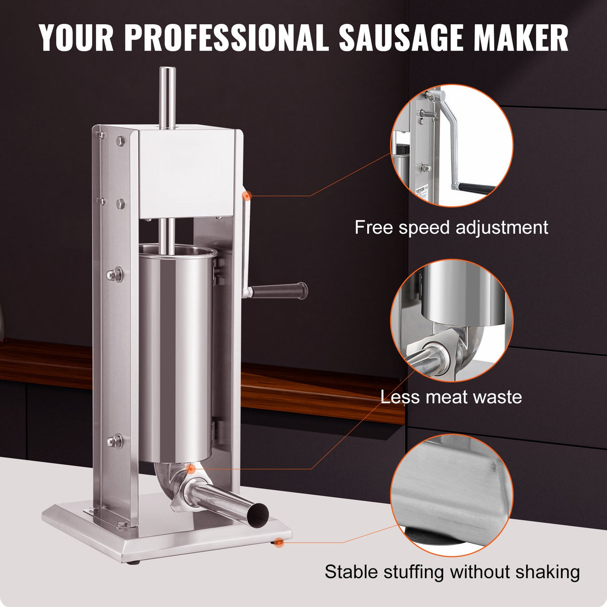VEVOR Manual Sausage Stuffer, 8LBS/5L Capacity, Two Speed 304 Stainless Steel Vertical Sausage Stuffer, Sausage Filling Machine with 4 Stuffing Tubes, Suction Base for Household - SDLSBXGGCJ5L2YBS3V0 - view 3