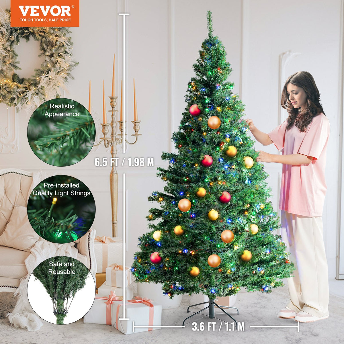 VEVOR Christmas Tree, 6.5ft Prelit Artificial Xmas Tree, Full Holiday Decor Tree with 450 Multi-Color LED Lights, 1227 Branch Tips, Metal Base for Home Party Office Decoration Tested to UL Standards - SDSDSLED65YCBP8M8V1 - view 2