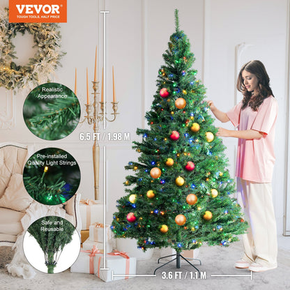 VEVOR Christmas Tree, 6.5ft Prelit Artificial Xmas Tree, Full Holiday Decor Tree with 450 Multi-Color LED Lights, 1227 Branch Tips, Metal Base for Home Party Office Decoration Tested to UL Standards - SDSDSLED65YCBP8M8V1 - view 2