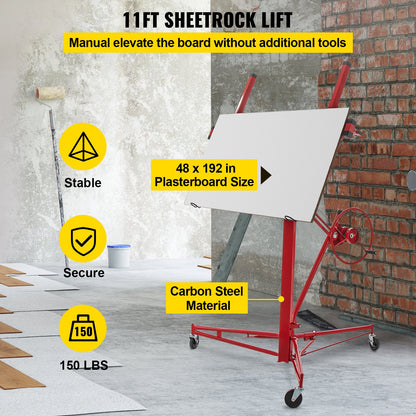 VEVOR Drywall Rolling Lifter Panel, 11ft Sheetrock Lift Drywall Lift, 150lb Weight Capacity Panel Hoist Jack Tool, Steel Material with Telescopic Arm & 3 Lockable Wheels, 48x192 - SGBSJJHSB11FTXATNV0 - view 2