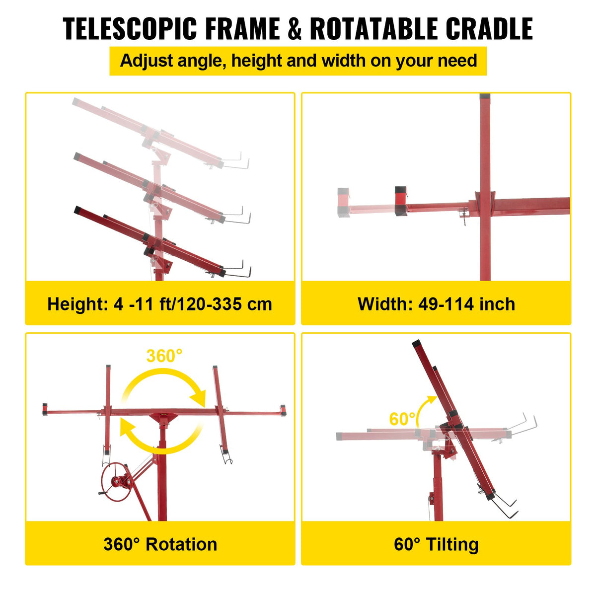 VEVOR Drywall Rolling Lifter Panel, 11ft Sheetrock Lift Drywall Lift, 150lb Weight Capacity Panel Hoist Jack Tool, Steel Material with Telescopic Arm & 3 Lockable Wheels, 48x192 - SGBSJJHSB11FTXATNV0 - view 3