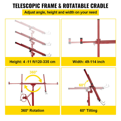 VEVOR Drywall Rolling Lifter Panel, 11ft Sheetrock Lift Drywall Lift, 150lb Weight Capacity Panel Hoist Jack Tool, Steel Material with Telescopic Arm & 3 Lockable Wheels, 48x192 - SGBSJJHSB11FTXATNV0 - view 3