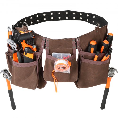 VEVOR 13 Pockets Tool Belt, Adjusts from 29 Inches to 54 Inches, Leather Heavy Duty Tool Pouch Bag with Dual Hammer Loops, Tool Bag for Electrician, Carpenter, Handyman, Construction, Framer, Brown - SJSGJYDKFSFGA5KUEV0 - view 1