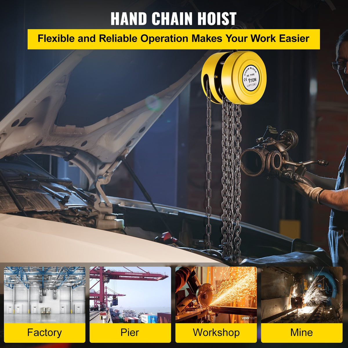 VEVOR Hand Chain Hoist, 2200 lbs /1 Ton Capacity Chain Block, 15ft/4.5m Lift Manual Hand Chain Block, Manual Hoist with Industrial-Grade Steel Construction for Lifting Good in Tran - SLHLHSY1T4.5MNF13V0 - view 2