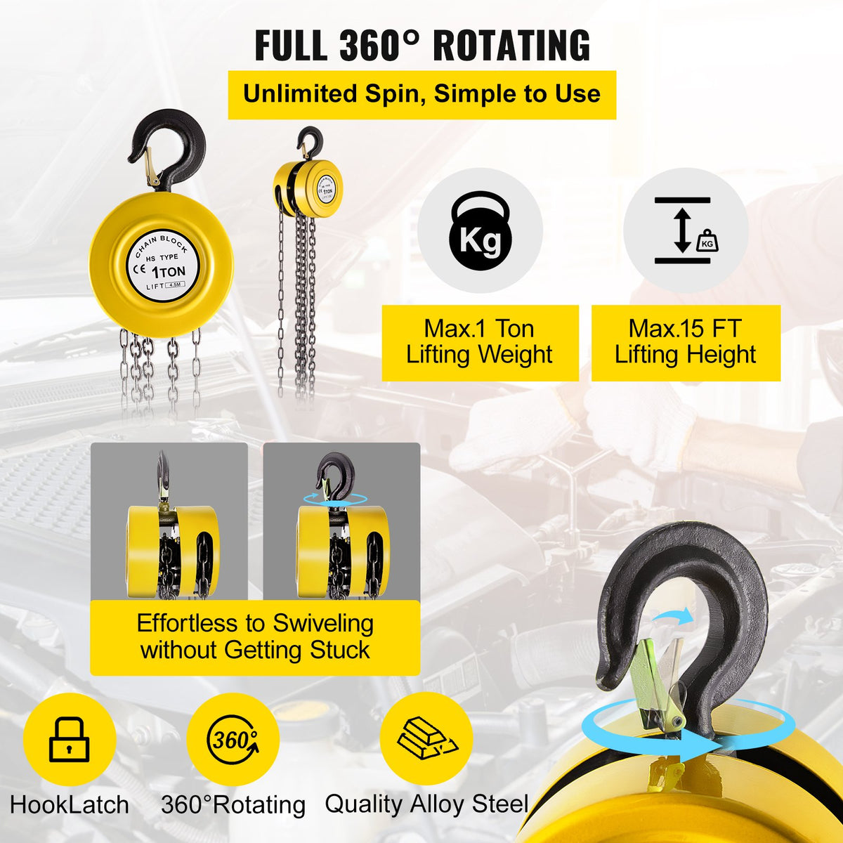 VEVOR Hand Chain Hoist, 2200 lbs /1 Ton Capacity Chain Block, 15ft/4.5m Lift Manual Hand Chain Block, Manual Hoist with Industrial-Grade Steel Construction for Lifting Good in Tran - SLHLHSY1T4.5MNF13V0 - view 3