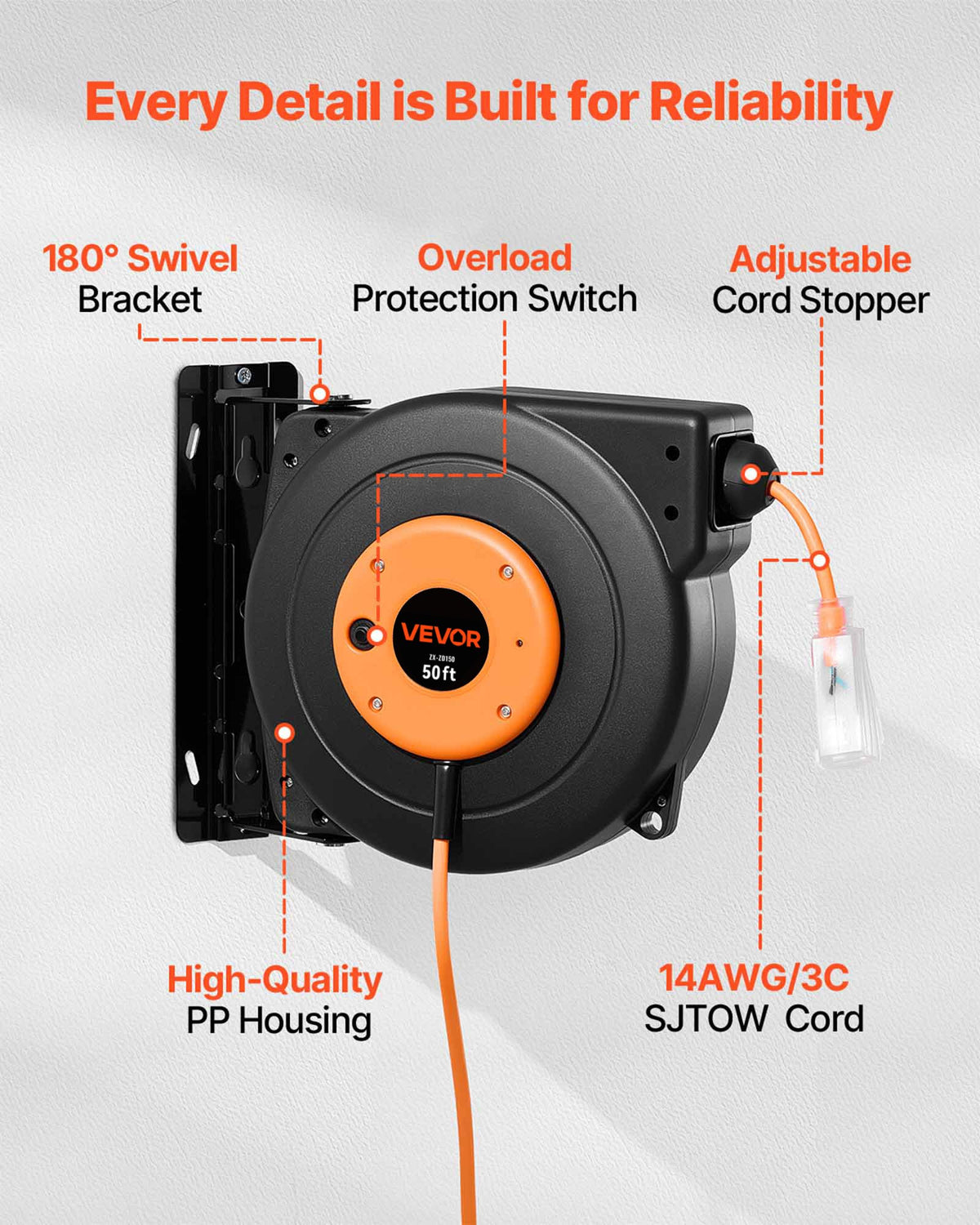VEVOR Retractable Extension Cord Reel - Select Your Configuration - SS501650W110VPG8HV1 - view 3
