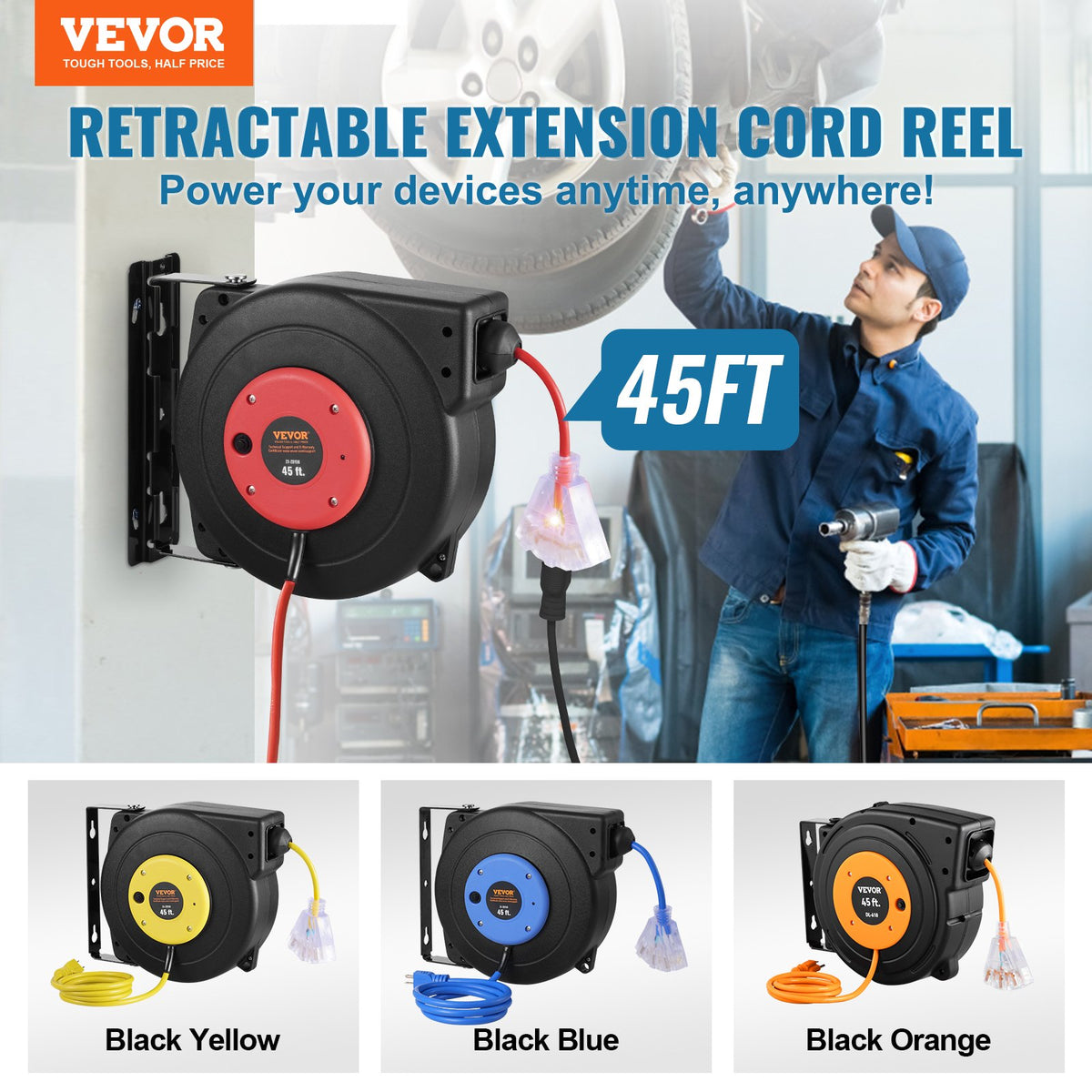 VEVOR Retractable Extension Cord Reel - Select Your Configuration - SSSJXQ45FTHH94RK0V1 - view 2