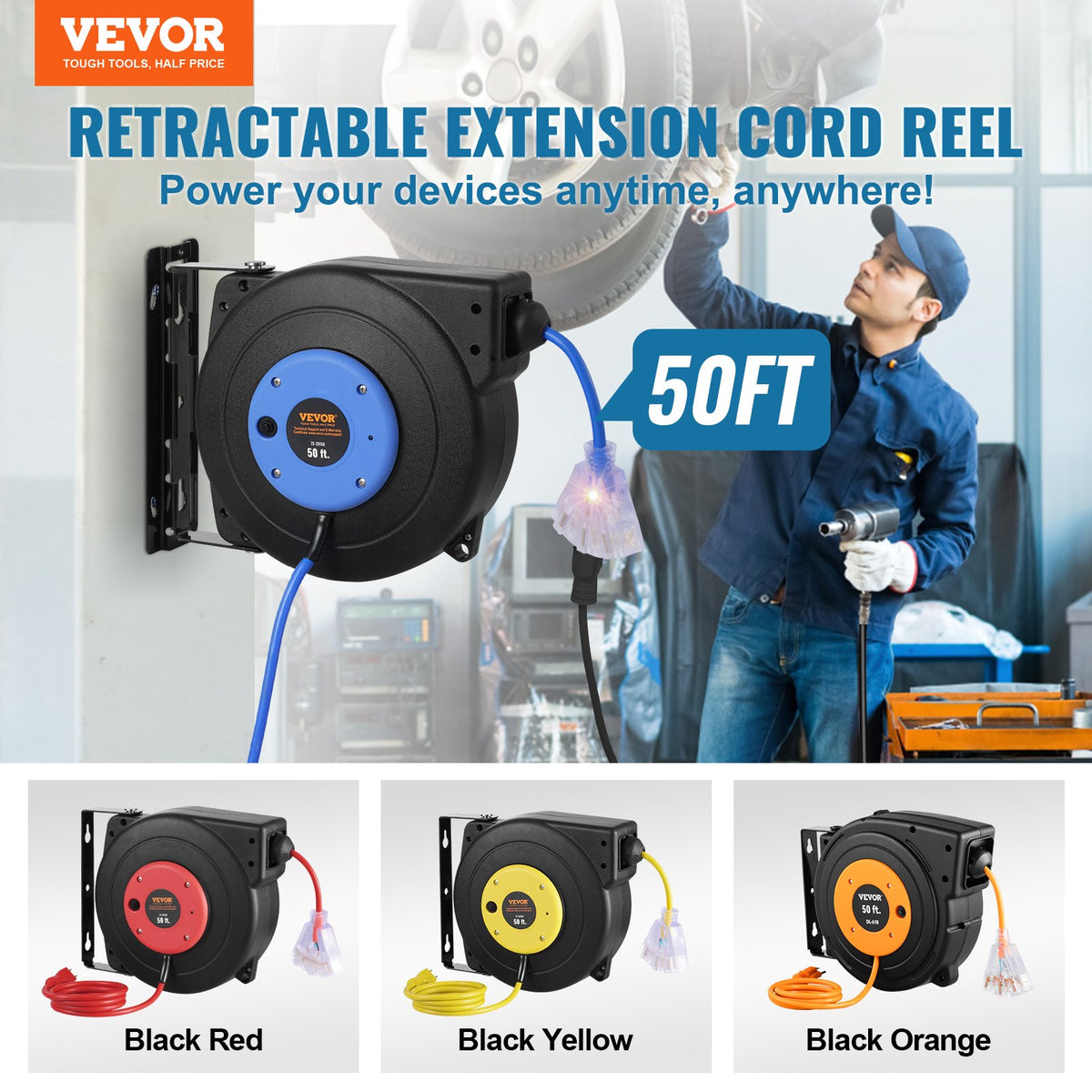 VEVOR Retractable Extension Cord Reel - Select Your Configuration - SSSJXQ50FTHLMHOOZV1 - view 2