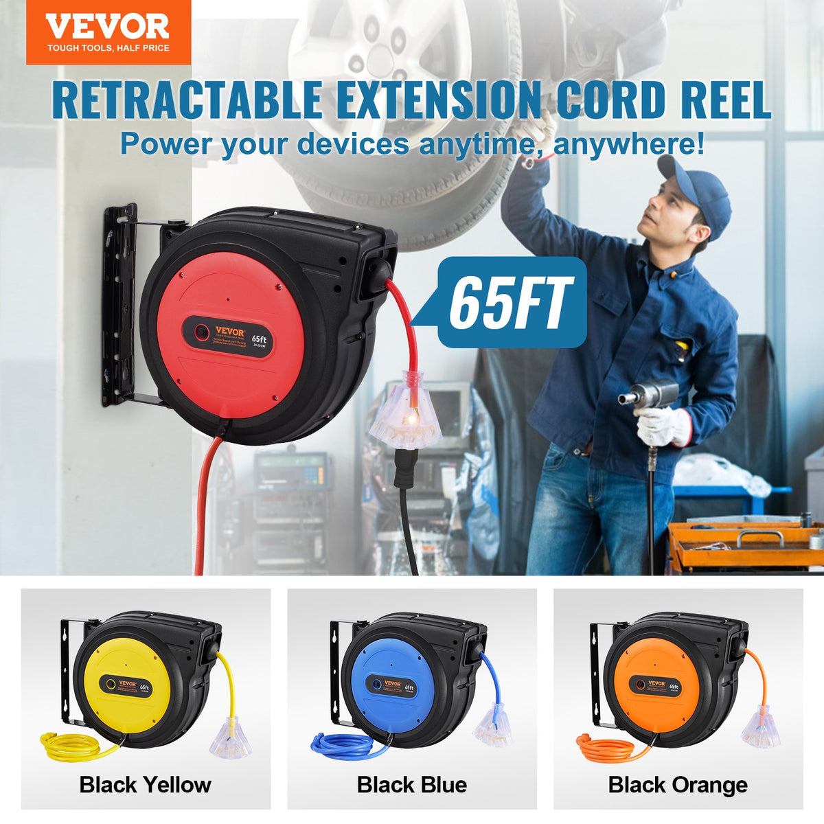 VEVOR Retractable Extension Cord Reel - Select Your Configuration - SSSJXQ65FTHH0S4OLV1 - view 2