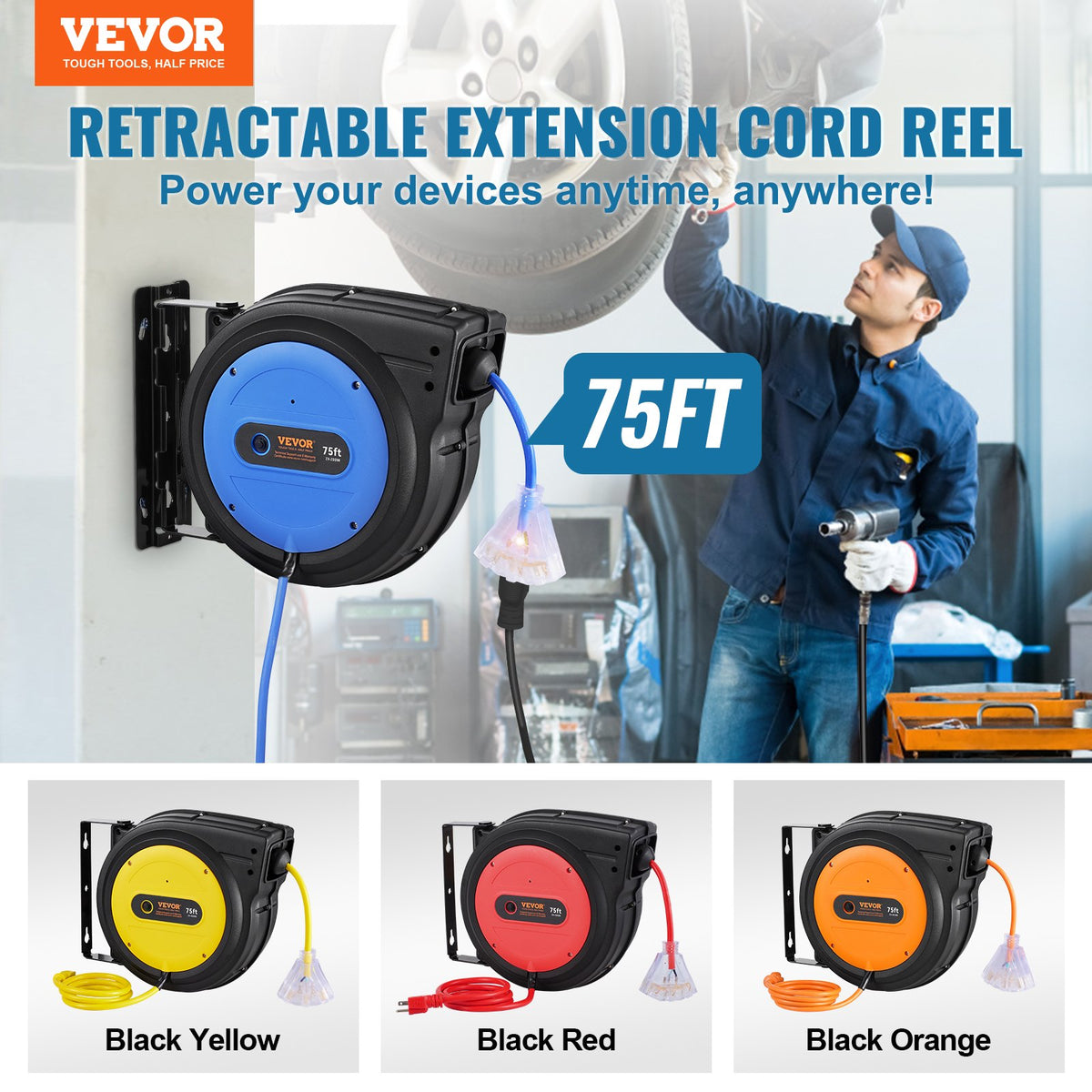 VEVOR Retractable Extension Cord Reel - Select Your Configuration - SSSJXQ75FTHL8EFY3V1 - view 2