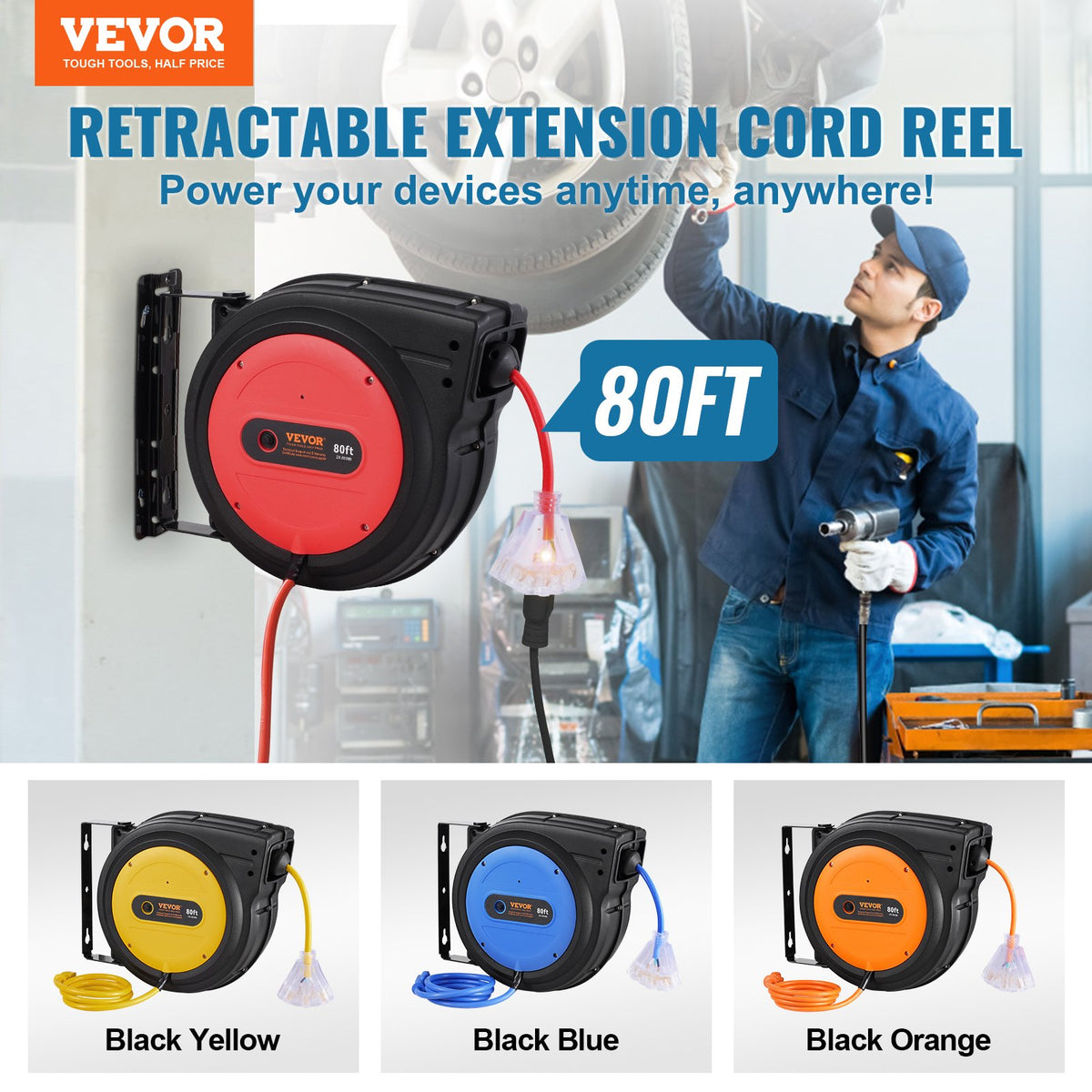 VEVOR Retractable Extension Cord Reel - Select Your Configuration - SSSJXQ80FTHHCNIUFV1 - view 2