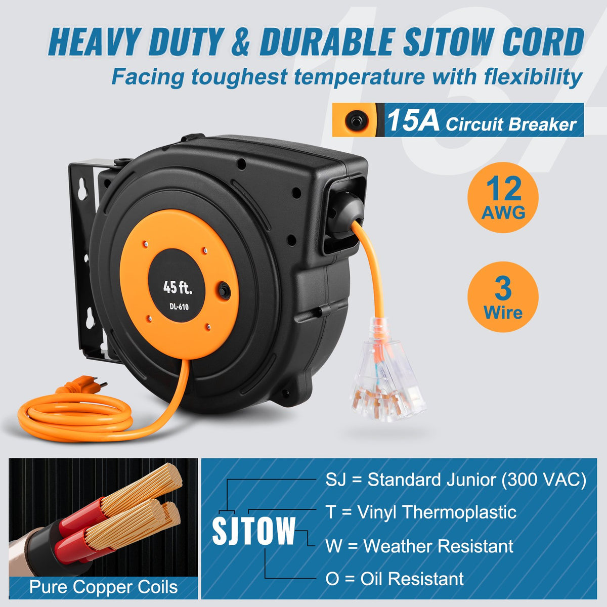 VEVOR Retractable Extension Cord Reel - Select Your Configuration - SSSJXQMC45FT164EXV1 - view 3