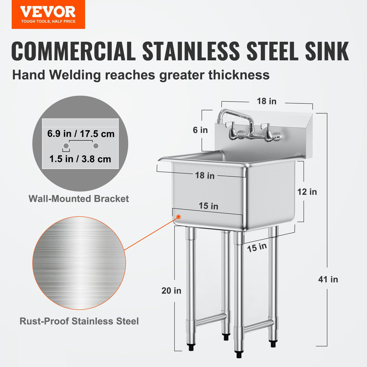 VEVOR Stainless Steel Commercial Sink - Select Your Configuration - SYLSSCDCY1515HPD7V0 - view 2