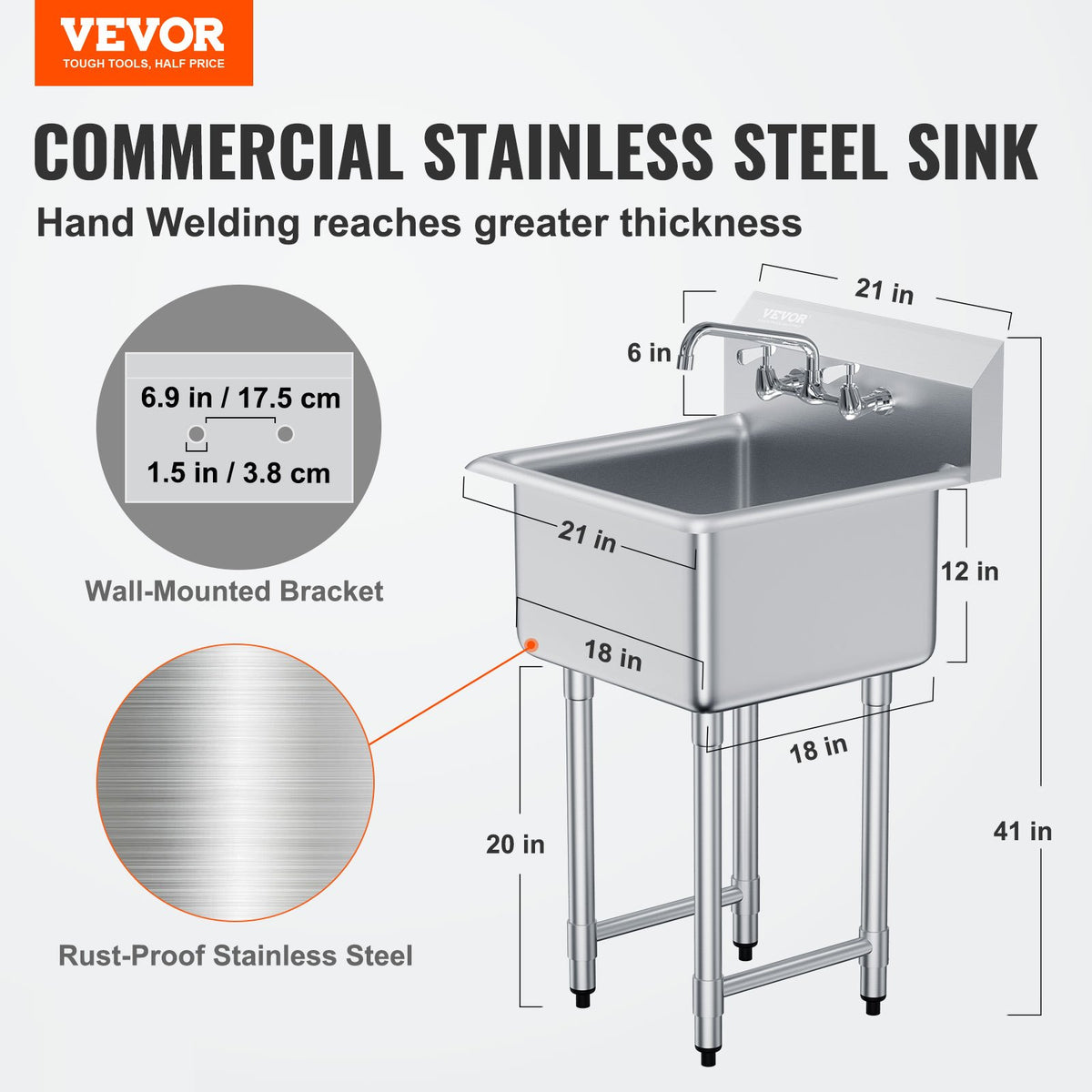 VEVOR Stainless Steel Commercial Sink - Select Your Configuration - SYLSSCDCY1818SZNQV0 - view 2