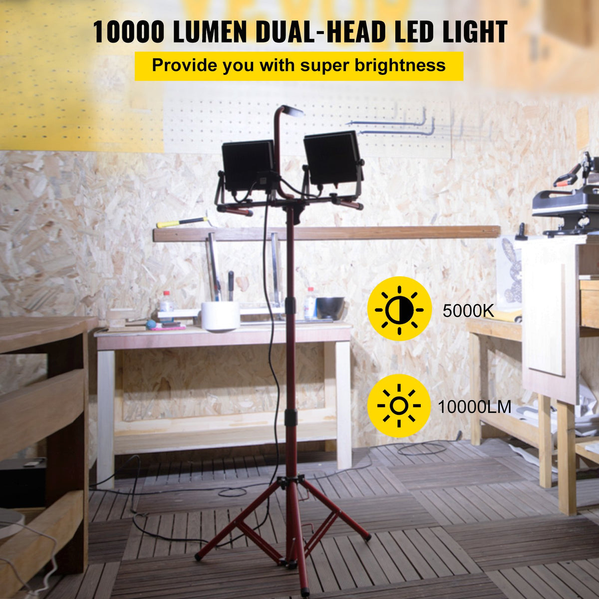 VEVOR LED Work Light with Stand, 2PCS 10000 Lumen Dual-head LED Work Light with 27.6\"-68.1\" Adjustable and Foldable Tripod Stand, IP65 Waterproofed LED Tripod Work Light, with 50 - TGDJZMCLED1004KEVV1 - view 2