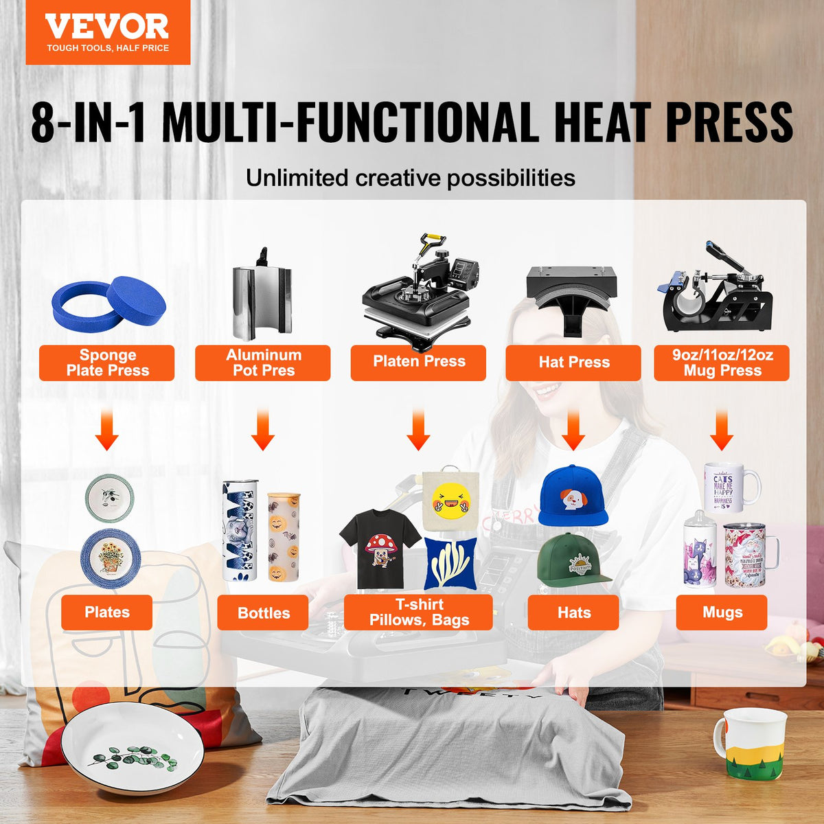 VEVOR Enhanced Heat Press Device, ETL Safety Certified, 12x15 inch, 8-in-1 Energy Efficient Combo, Versatile Sublimation with 360° Swivel - TJBYXKHSP8001E2MZV1 - view 2