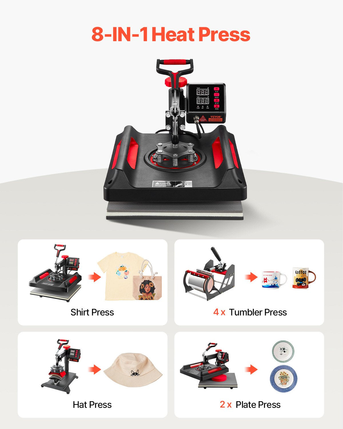 VEVOR Heat Press Machine 8 in 1 Combo, Heat Press 15x15, Swing Away T Shirt Printing Machine Digital Control, Multifunction Heat Transfer Machine Sublimation Heat Press for T-Shirt - TJBYXKHSP8038YNQ3V1 - view 2