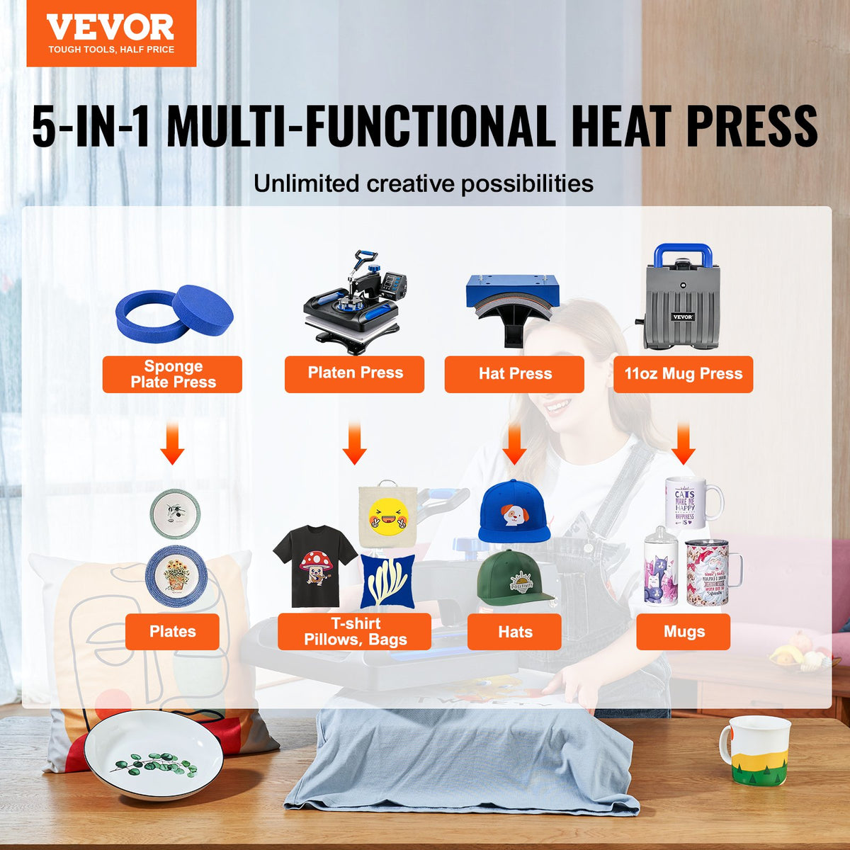 VEVOR Heat Press, 12 x 15 inches 800W, 5-in-1 Combo for Sublimation Transfer, Featuring Dual Digital Controls, Ideal for T-Shirts, Mugs, Caps, Plates, Blue - TJWHYXKLP8001XS01V1 - view 2