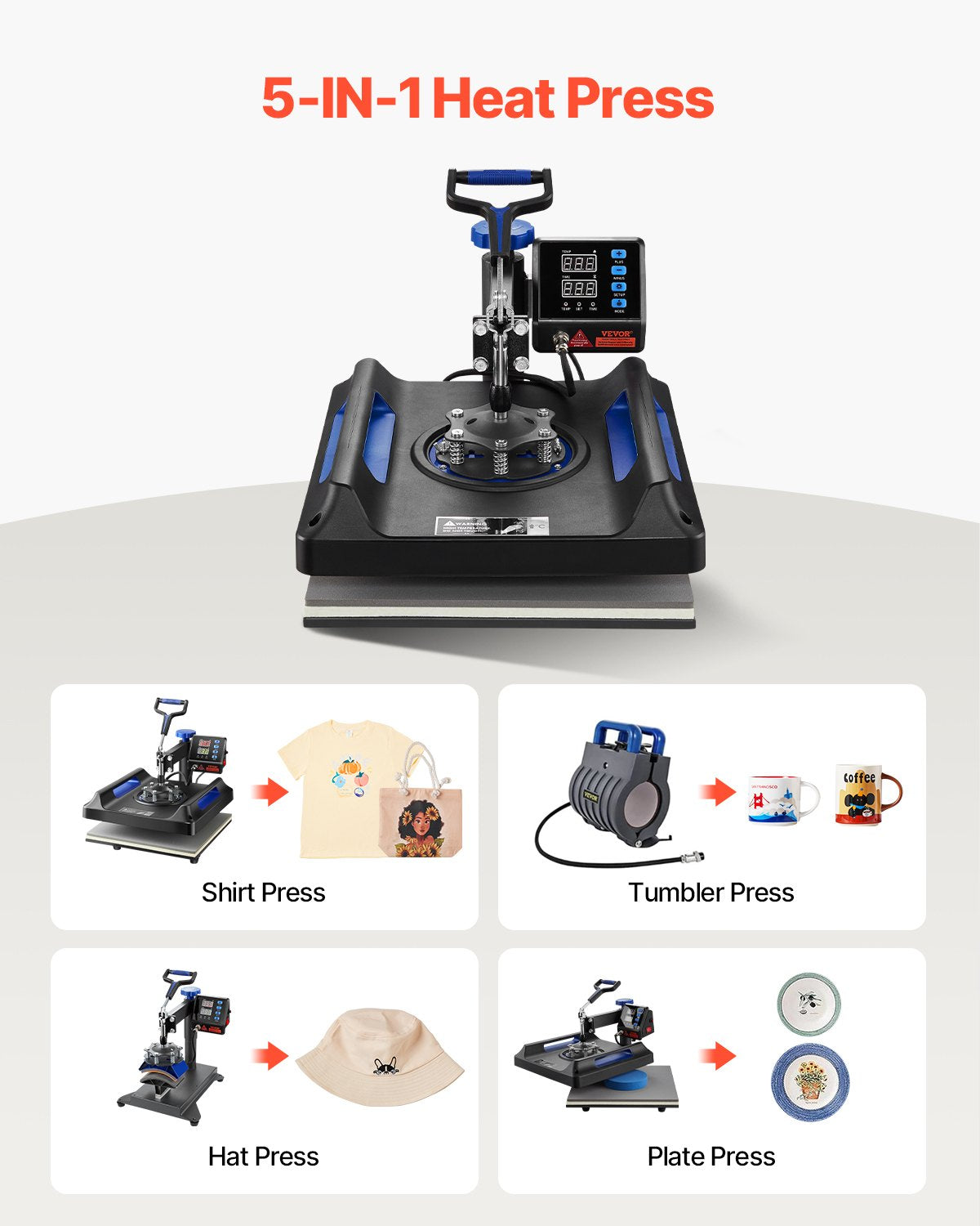 VEVOR Heat Press, 15x15in Swing Away 5 in 1 Heat Press Machine, Digital Control Multifunctional Device, Quick Heating with Safety Features, Ideal for T-shirts, Hats, Caps, Mugs, Pl - TJWHYXKLP8038N8U4V1 - view 2