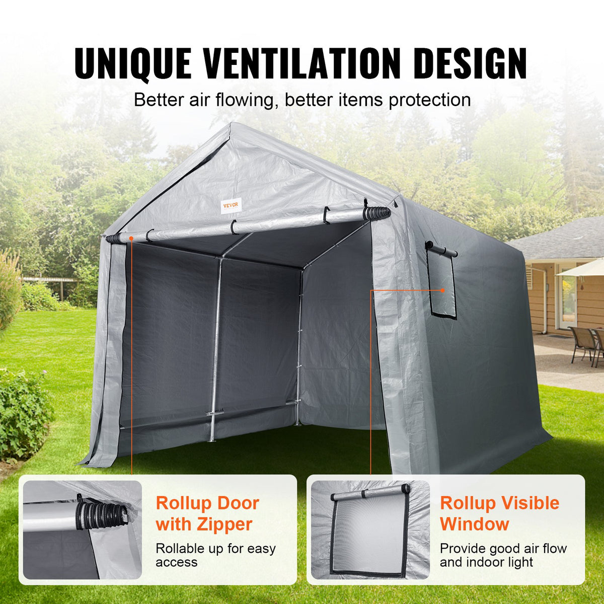 VEVOR Compact Outdoor Shelter, 10x10x8.5 ft Durable Season-Long Storage Tent with Easy Access Zip Door and Airy Windows for Bikes, Motorcycles, and Garden Equipment - TYCW10FTX10FT480MV0 - view 2