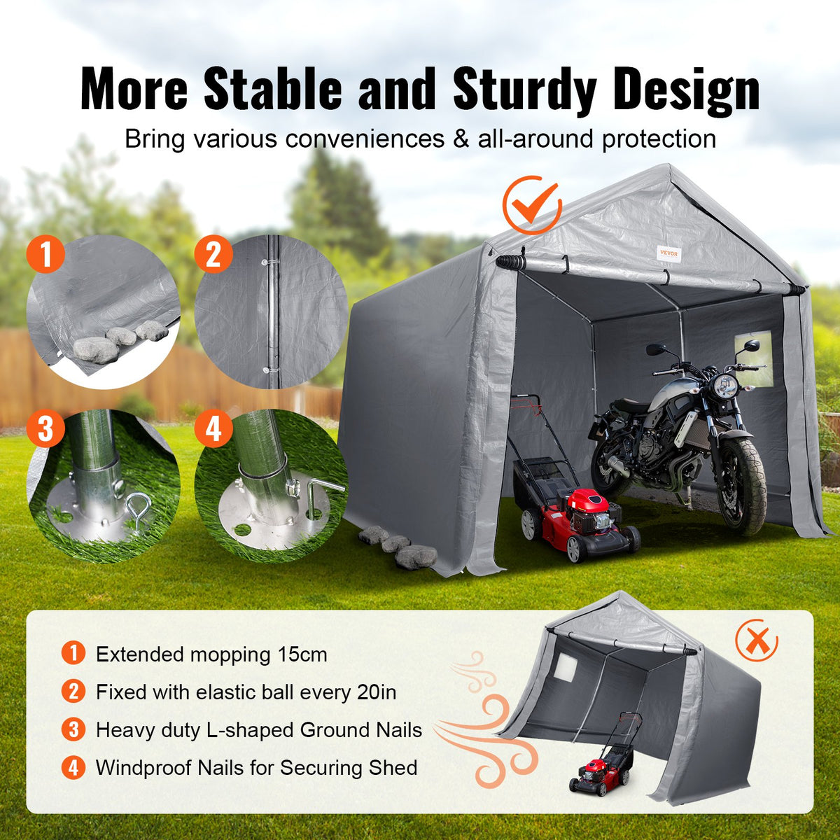VEVOR Outdoor Storage Tent, 8x14x7.6 ft Durable Seasonal Shelter, Instant Setup Canopy with Roll-up Door & Breathable Windows for Bikes, Motorcycles & Garden Equipment - TYCWP8FTX14FTGJAMV0 - view 3
