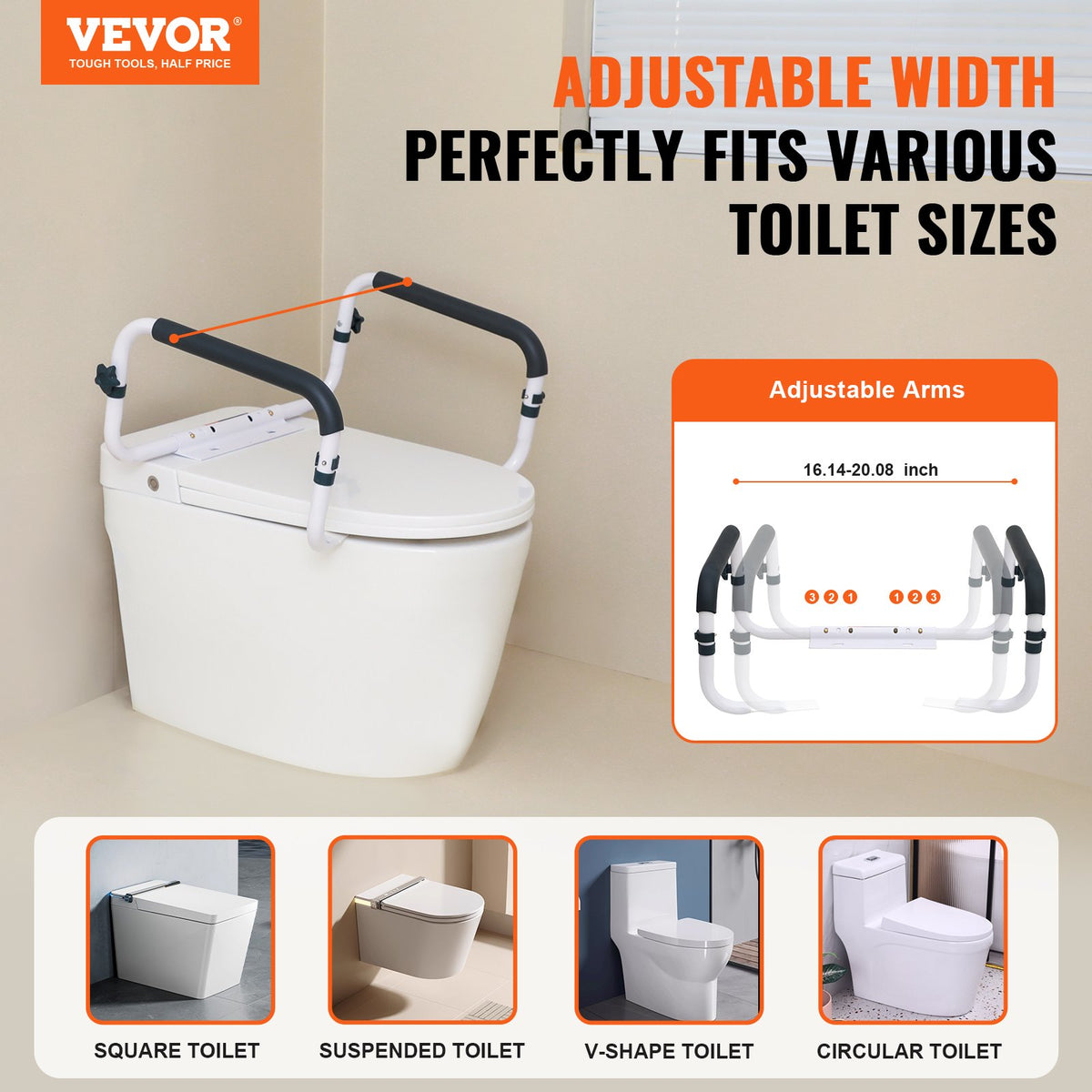 VEVOR Toilet Safety Rail, 300LBS Capacity Toilet Seat Frame, Adjustable Width Fit Most Toilets, Easy Installation, Toilet Handles Grab Bars with Padded Armrests for Handicap, - WTMTAQLG300B6N2GUV0 - view 2