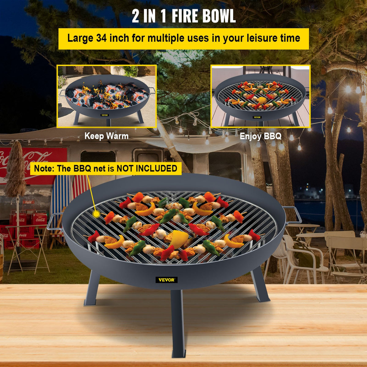 VEVOR Fire Pit Bowl, 34-Inch Diameter Round Carbon Steel Fire Bowl, Wood Burning for Outdoor Patios, Backyards & Camping Uses, with A Drain Hole, Portable Handles and A Firewood - WXHPYCHSYTS341LU2V0 - view 3