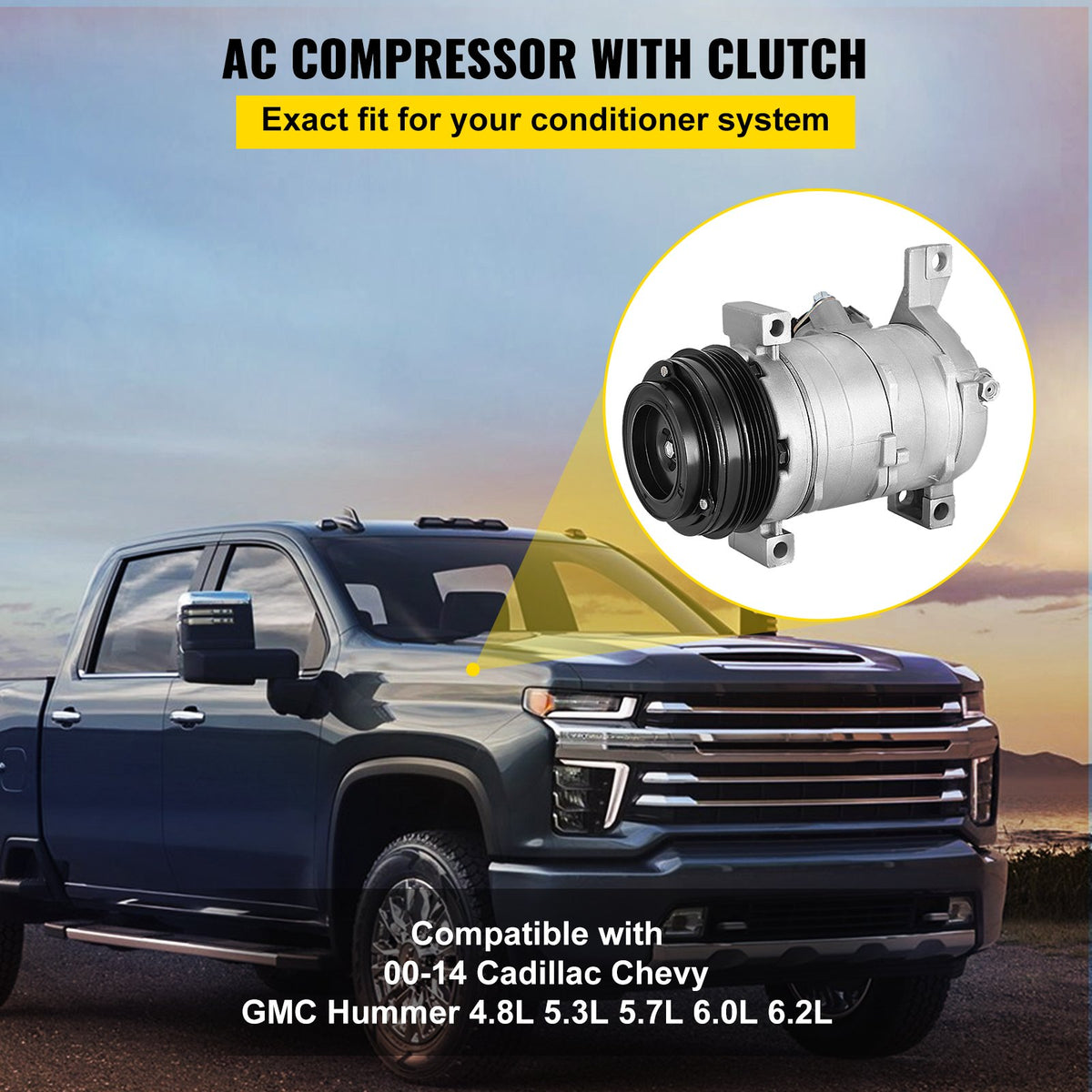 VEVOR AC Compressor 78363 Front Air Conditioning Compressor A/C Compressor for 2000-2014 Cadillac Chevy GMC Hummer 4.8L 5.3L 5.7L 6.0L 6.2L 8.1 (For 2000-2014 Chevy) - XFL638377KTYSJ001V0 - view 2