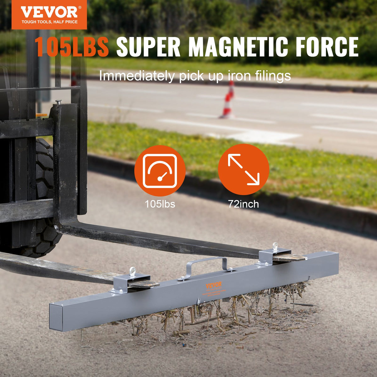 VEVOR 105lbs Hanging Magnetic Sweeper Pickup Tool, Nail Hang-Type Magnetic Forklift Sweeper, Industrial Grade Magnets Steel Material Hunting Accessories for Picking Up Bolts Nails Iron Chips Metals - XGSCXQSQ72105O9ABV0 - view 2