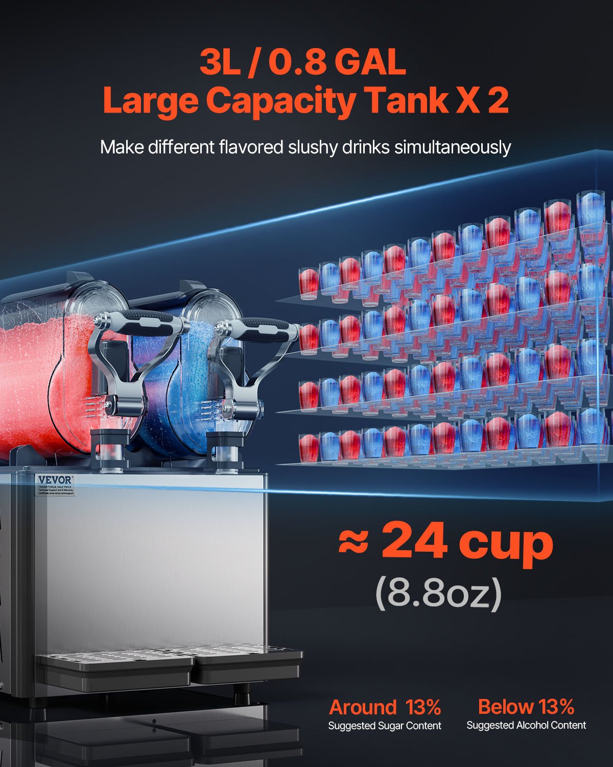VEVOR Commercial Slushy Machine, 3Lx2 Double Tank Frozen Drink Machine, 24 Cups Stainless Steel Margarita Smoothie Frozen Drink Maker, Slushie Maker for Home Party Restaurants Cafe Bars - XRJMNKHS3LX2G0001V1 - view 2