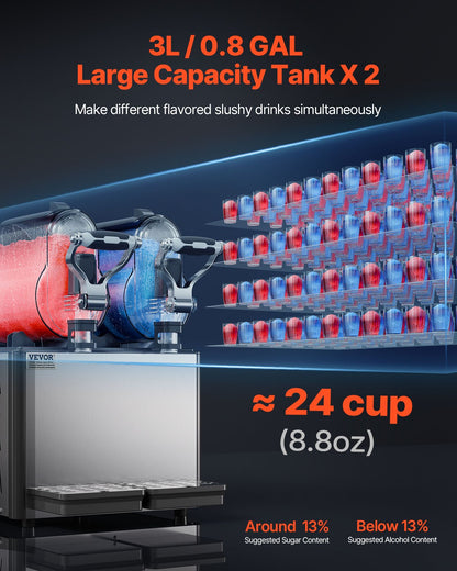 VEVOR Commercial Slushy Machine, 3Lx2 Double Tank Frozen Drink Machine, 24 Cups Stainless Steel Margarita Smoothie Frozen Drink Maker, Slushie Maker for Home Party Restaurants Cafe Bars - XRJMNKHS3LX2G0001V1 - view 2