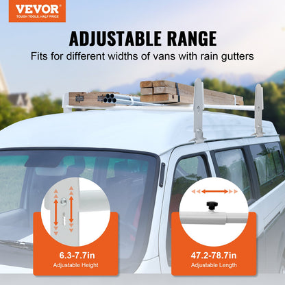 VEVOR Van Roof Ladder Rack, 2 Bar Alloy Steel Ladder Racks, Adjustable from 47.2"-78.7", 500 lbs Capacity, Roof Rack Compatible with Full-size Vans with Rain Gutter, Chevrolet Express, GMC Savana, etc - XSHCH250039645AC2V0 - view 2