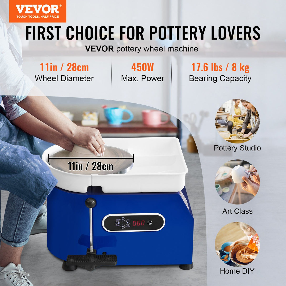 VEVOR Pottery Wheel, 450W, For Adults and Beginners, 11in Clay Wheel Machine, Adjustable 60-300RPM Speed Handle and Pedal, ABS Detachable Basin, Accessory Kit for Craft DIY, LCD - XSLPJSDJTLS454MNTV1 - view 2