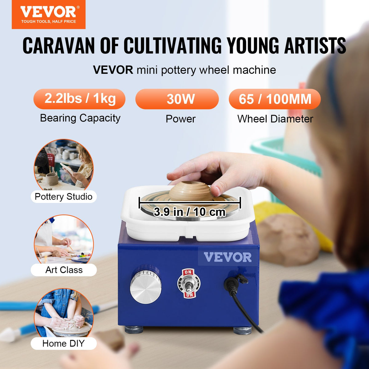 VEVOR Mini Pottery Wheel, for Kids or Beginners, 2 Turntables 2.6in/3.9in Ceramic Wheel Machine, Adjustable 0-300RPM Speed ABS Detachable Basin, 17 Pottery Accessories, Work Art - XSLPJXNLS30W00GROV1 - view 2