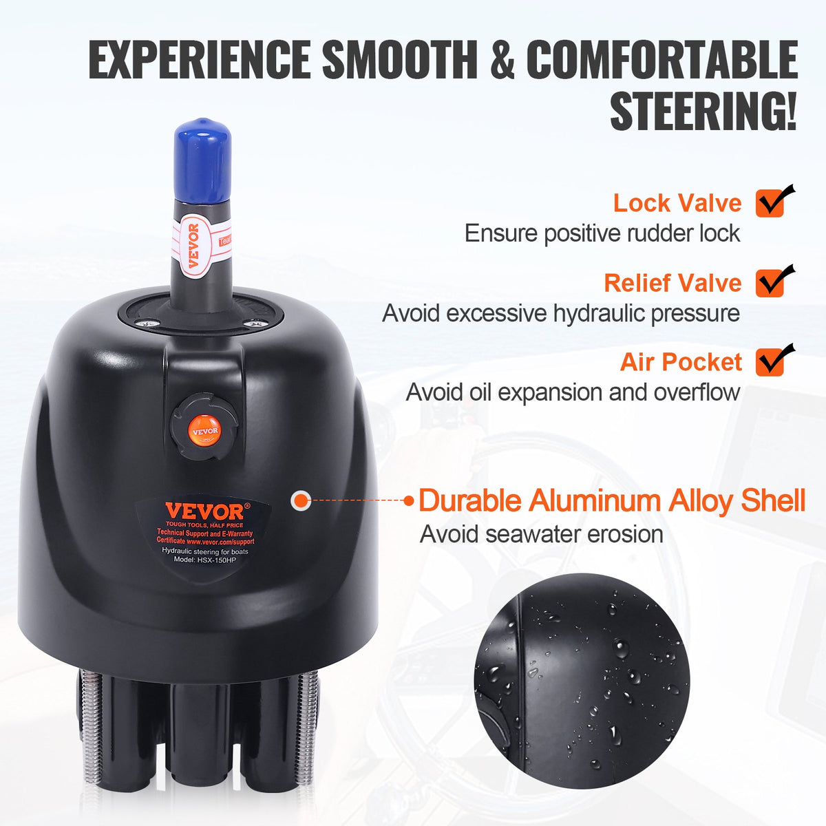 VEVOR Hydraulic Outboard Steering Pump, 1.4 Cubic Inches, 150HP Front Mount Hydraulic Helm Pump with Two-Way Lock Cylinder Stainless Steel ORB Fittings, for Single Station - XWYYFXB150HPZXB01V0 - view 3