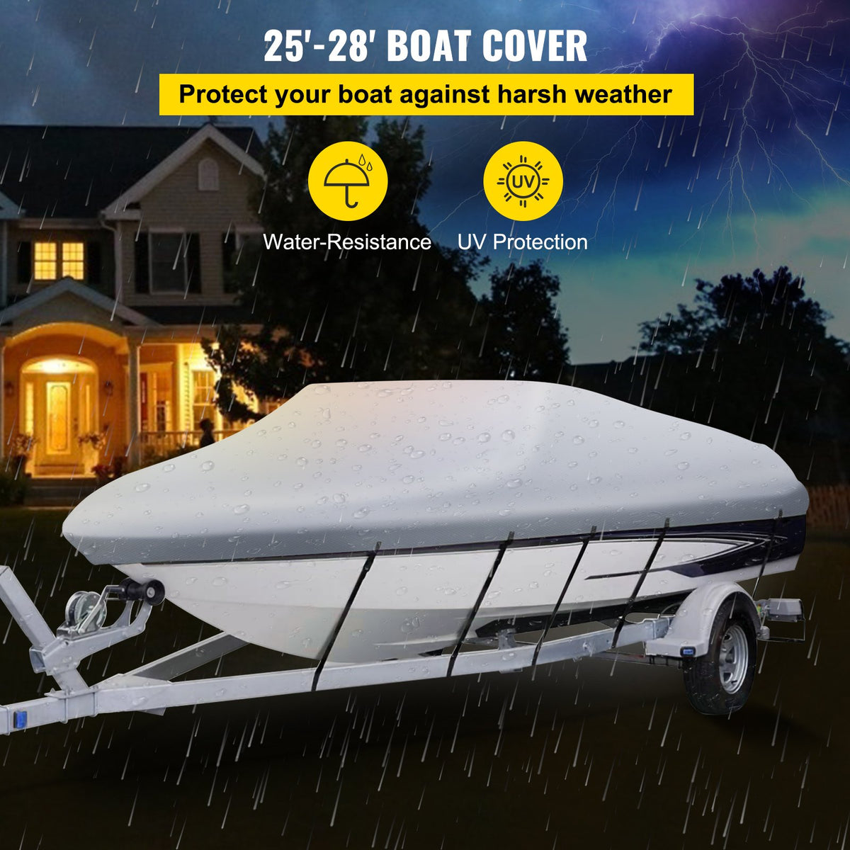 VEVOR Waterproof Boat Cover, 25'-28' Trailerable Boat Cover, Beam Width up to 118" v Hull Cover Heavy Duty 600D Marine Grade Polyester Mooring Cover for Fits V-Hull Boat with 5 Tig - Y25-28118600D21ZDV0 - view 2