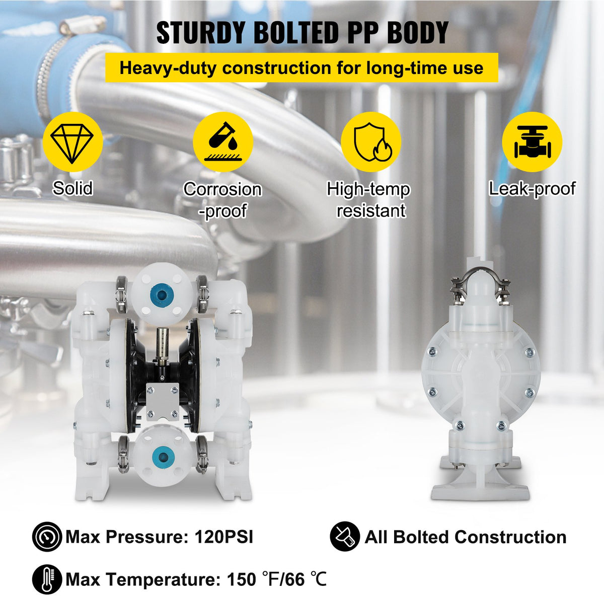 VEVOR Air-Operated Double Diaphragm Pump 1 inch Inlet/Outlet 30GPM Polypropylene Max 120PSI for Chemical and Industrial Use - YBGMBQBY4-25PP001V0 - view 3
