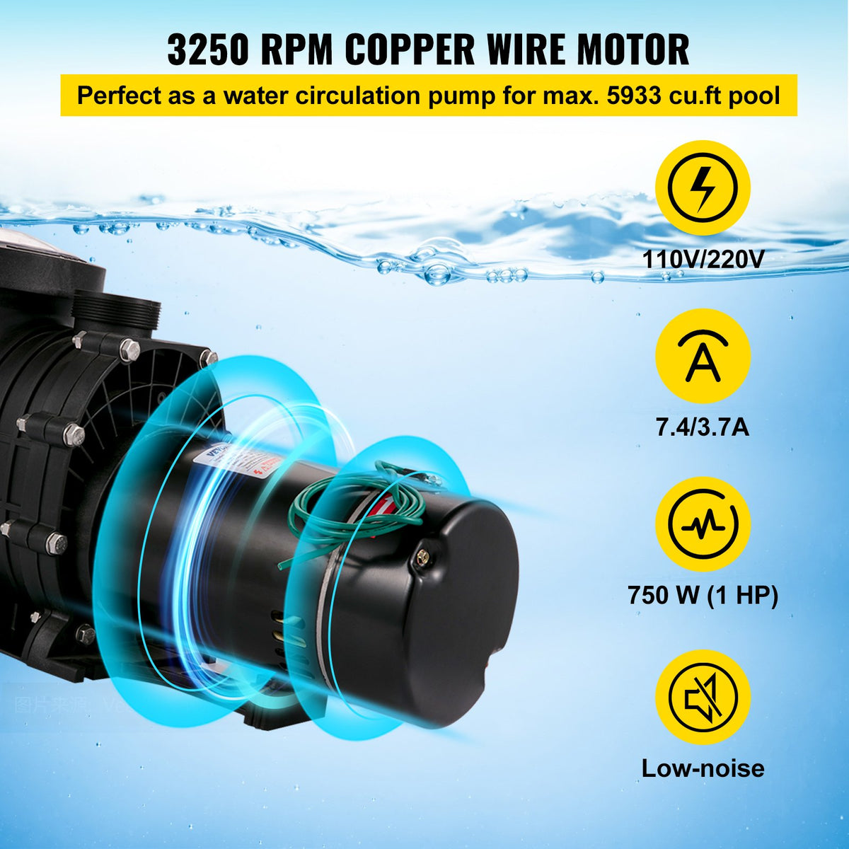 VEVOR 1HP Swimming Pool Pump, Dual Voltage 110V/220V, Circulates 5544GPH for Efficient Water Movement Above Pools, Includes Strainer Basket & Two 1-1/2'' NPT Connectors - YCBMC750W5555B87AV5 - view 3
