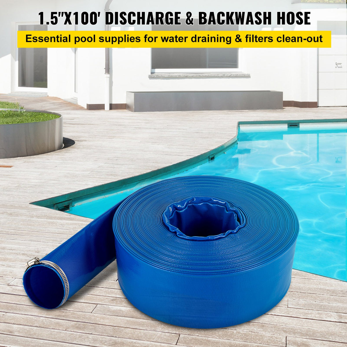 VEVOR Lay Flat Discharge Hose, PVC Backwash Drain Hose with Clamps, Weather Proof and Burst Proof, for Swimming Pool and Water Transfer, Blue - YCFCXR1.5X1001SMXV0 - view 2