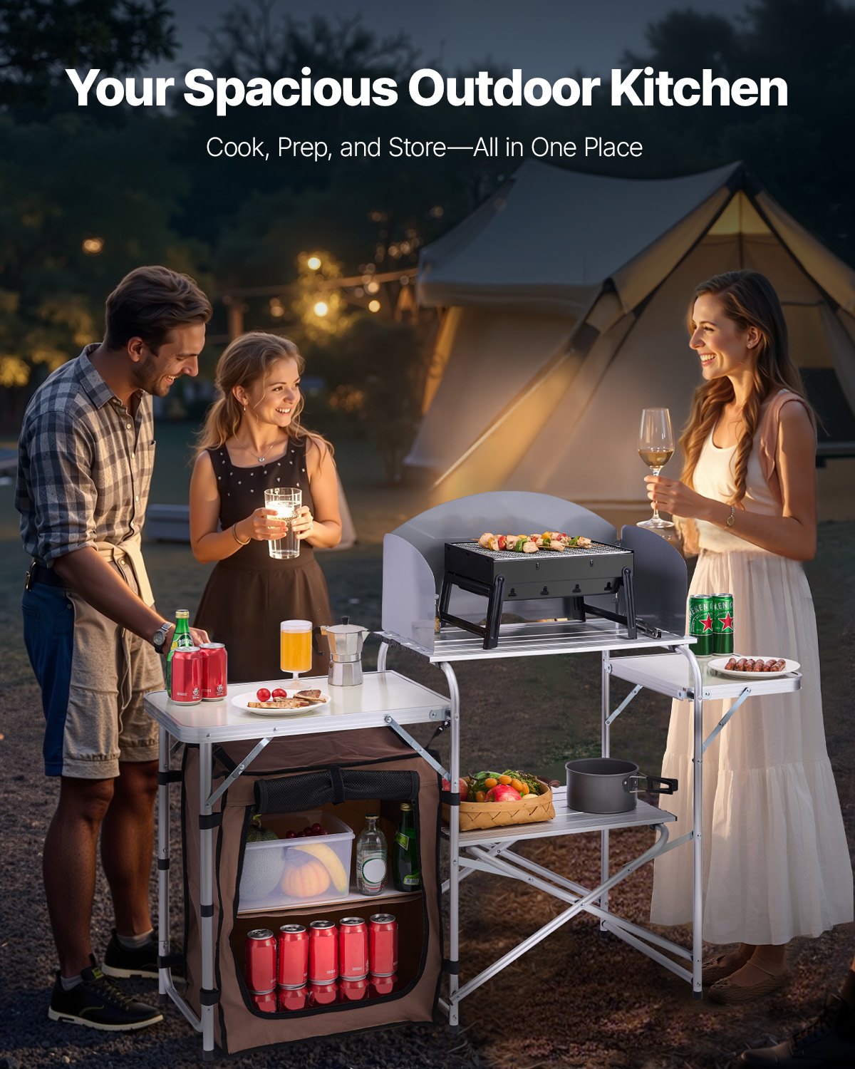VEVOR Folding Camping Kitchen Table - Brown, 1 cabinet - product view 2