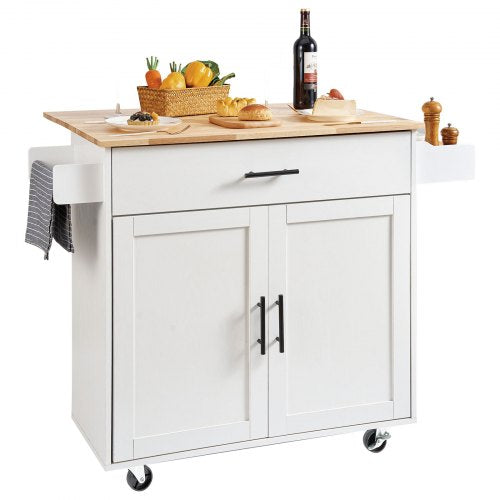 VEVOR Kitchen Island Cart with Solid Wood Top, 35.4" Width Mobile Carts with Storage Cabinet, Rolling Kitchen Table with Spice Rack, Towel Rack, Drop Leaf and Drawer, Portable Islands on Wheels, White - YDKCFDXJMDB12OVNIV0 - view 1