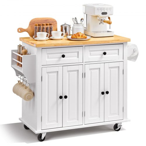 VEVOR Kitchen Island Cart with Solid Wood Top, 35.4" Width Mobile Carts with Storage Cabinet, Rolling Kitchen Table with Spice Rack, Towel Rack, and Drawer, Portable Islands on Wheels, White - YDKCFDXJMDB24F20GV0 - view 1