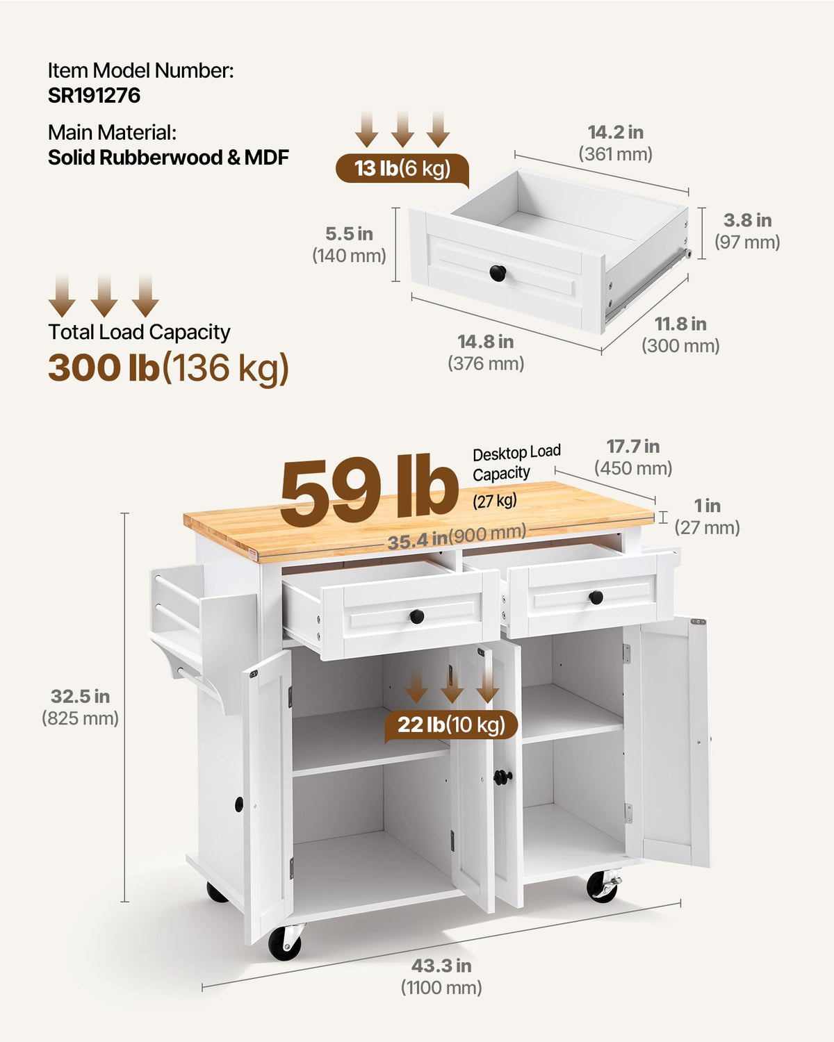 VEVOR Kitchen Island Cart with Solid Wood Top, 35.4" Width Mobile Carts with Storage Cabinet, Rolling Kitchen Table with Spice Rack, Towel Rack, and Drawer, Portable Islands on Wheels, White - YDKCFDXJMDB24F20GV0 - view 3
