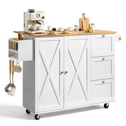 VEVOR Kitchen Island Cart with Solid Wood Top, 45.3" Width Mobile Carts with Storage Cabinet, Rolling Kitchen Table with Spice Rack, Towel Rack, Drop Leaf and Drawer, Portable Islands on Wheels, White - YDKCFDXJMDB32H9DDV0 - view 1