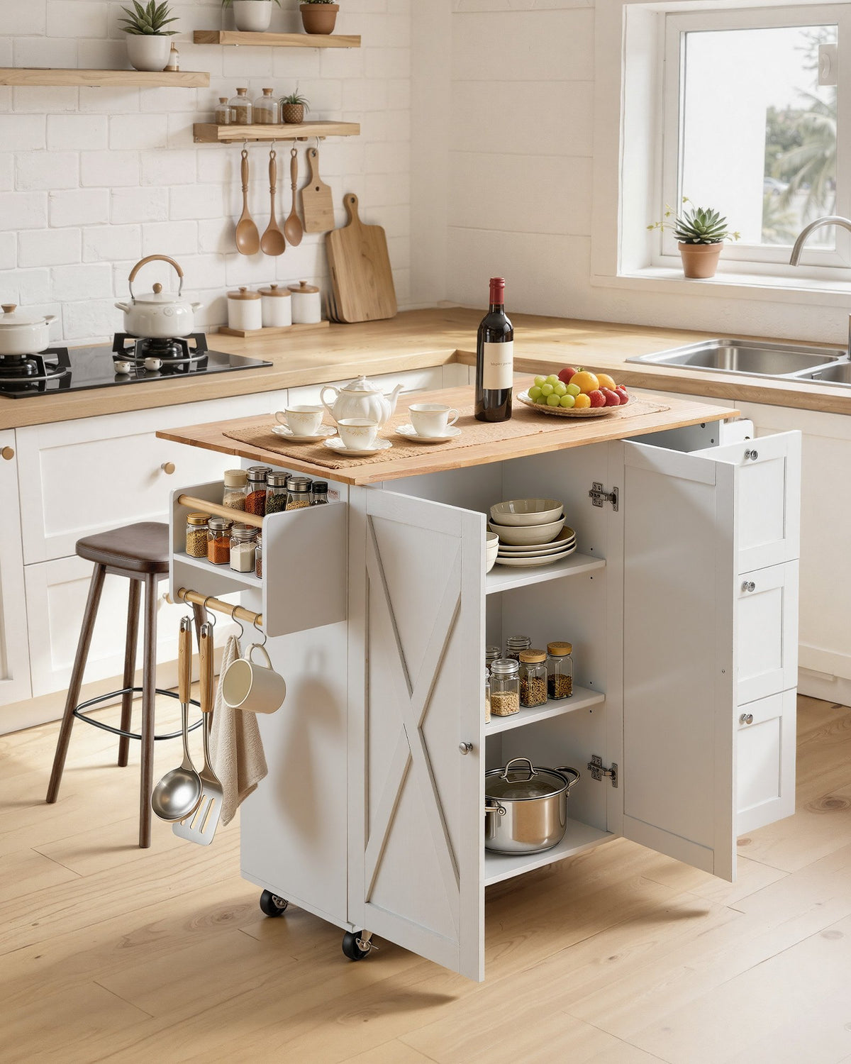 VEVOR Kitchen Island Cart with Solid Wood Top, 45.3" Width Mobile Carts with Storage Cabinet, Rolling Kitchen Table with Spice Rack, Towel Rack, Drop Leaf and Drawer, Portable Islands on Wheels, White - YDKCFDXJMDB32H9DDV0 - view 2
