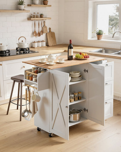 VEVOR Kitchen Island Cart with Solid Wood Top, 45.3" Width Mobile Carts with Storage Cabinet, Rolling Kitchen Table with Spice Rack, Towel Rack, Drop Leaf and Drawer, Portable Islands on Wheels, White - YDKCFDXJMDB32H9DDV0 - view 2