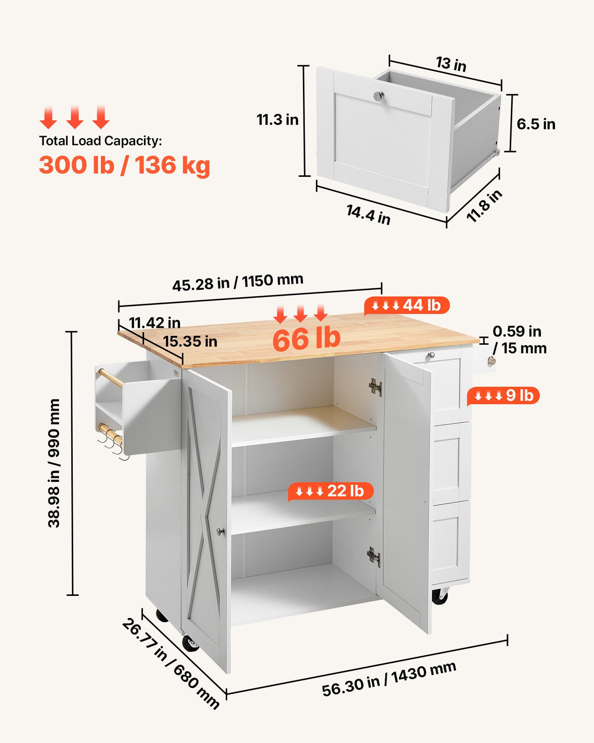 VEVOR Kitchen Island Cart with Solid Wood Top, 45.3" Width Mobile Carts with Storage Cabinet, Rolling Kitchen Table with Spice Rack, Towel Rack, Drop Leaf and Drawer, Portable Islands on Wheels, White - YDKCFDXJMDB32H9DDV0 - view 3